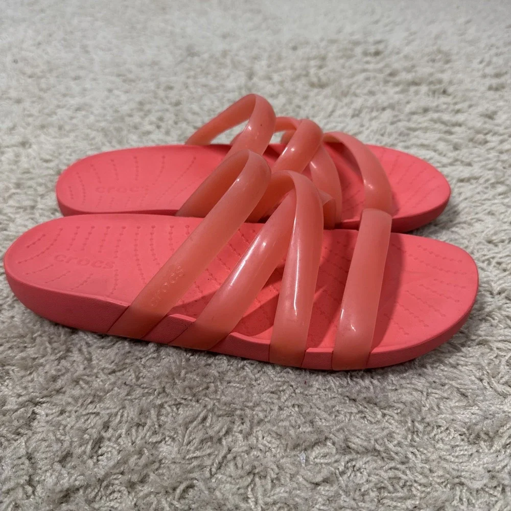 Crocs Women's Splash Glossy Strappy Neon Watermelon Slip On Sandals Slide Size 8